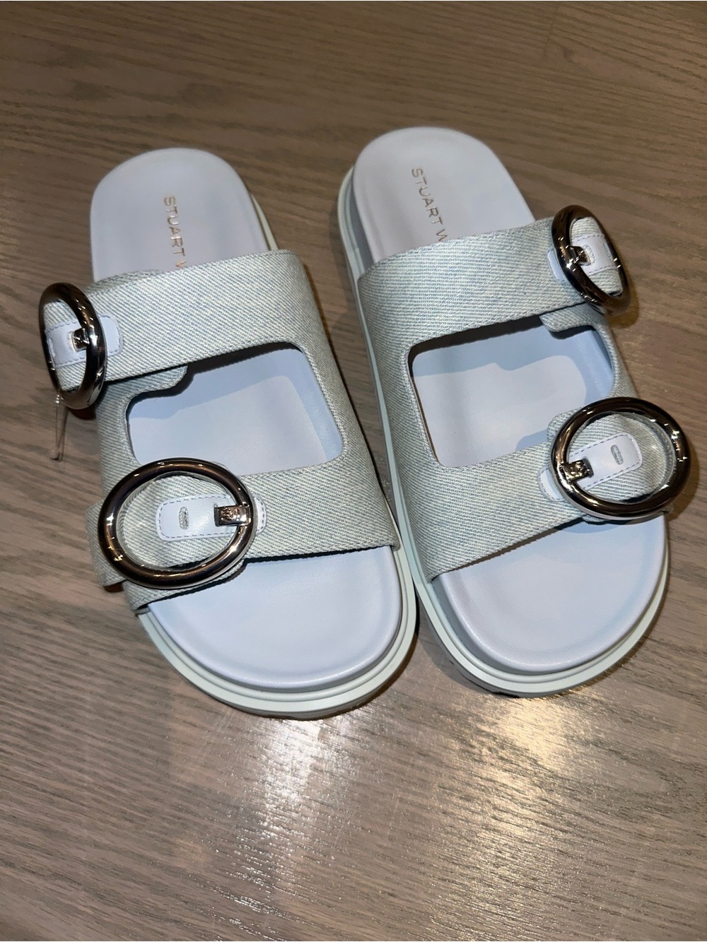 Stuart Weitzman White Denim Double Buckle Slide Sandals